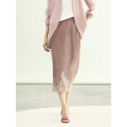 COCOBELLA优雅玫瑰粉丝绒半身裙女夏蕾丝拼接直筒裙HS3126-2 商品图2