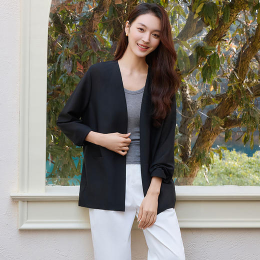 玳莎气质无领西装女2025年夏季新款通勤简约黑色醋酸真丝混纺外套  FB37303 商品图0