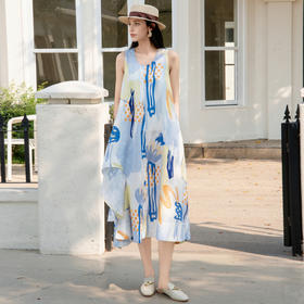 谜底花色连衣裙无袖2025夏季新款度假风圆领大摆型长裙256ML6223