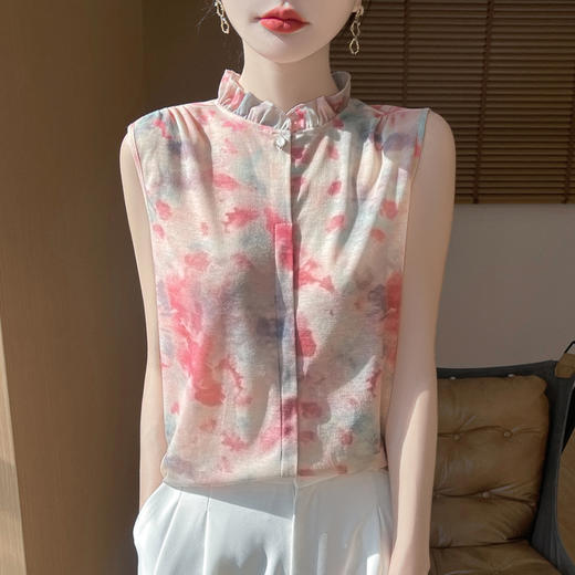 丁摩 木耳边领花边无袖针织上衣M13 商品图2