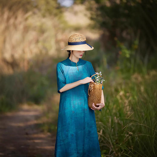 丁摩 苎麻连衣裙五分袖立领盘扣改良旗袍裙中长裙女96267 商品图0