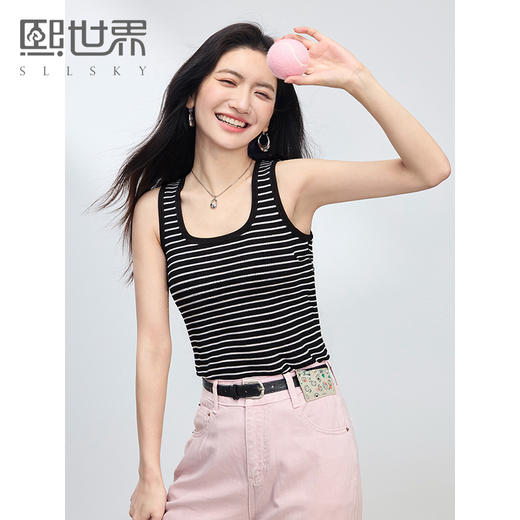 【初夏新品】熙世界条纹吊带针织背心女2025夏新款法式内搭U领无袖打底上衣 商品图0