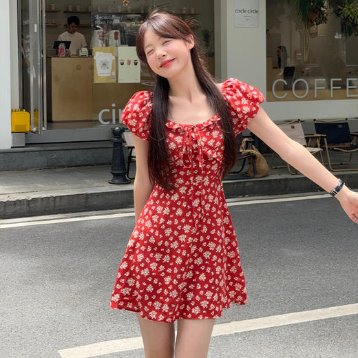 西遇碎花短袖连衣裙女夏季新款系带收腰法式a字红色短裙SS050519 商品图1