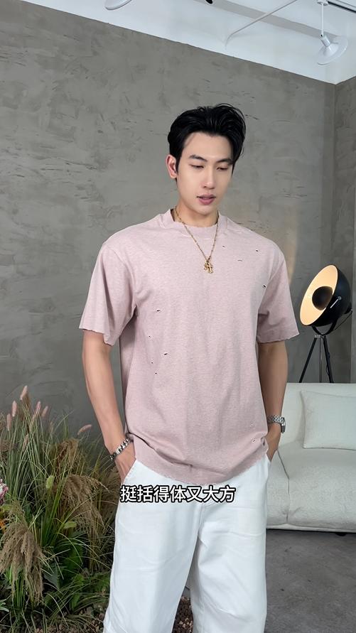 86165夏季新款时尚个性韩版纯色破洞圆领短袖T恤情侣潮流小众设计上衣 商品图0