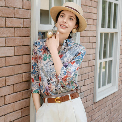谜底100%棉印花衬衫分袖女2025夏季新款度假风花色衬衣256MC6283 商品图2