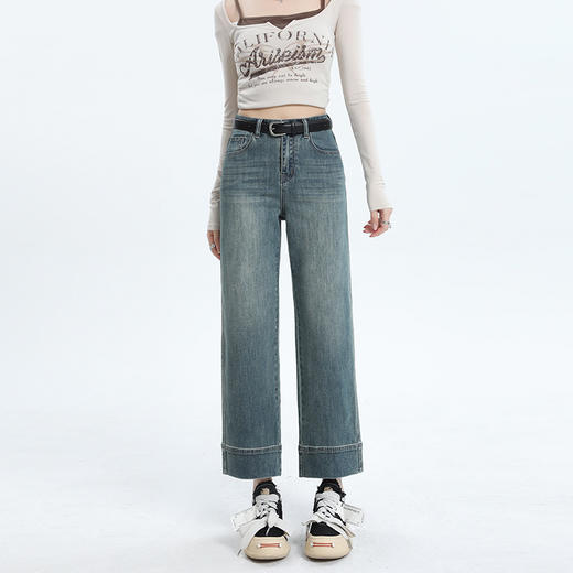 百媚生 九分直筒牛仔裤女阔腿裤法棍裤子9895 商品图9