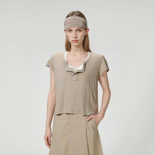 ROMI STUDIO“亨利经典”160G亚麻雪花棉混纺亨利领短袖T恤421T7052 商品图1