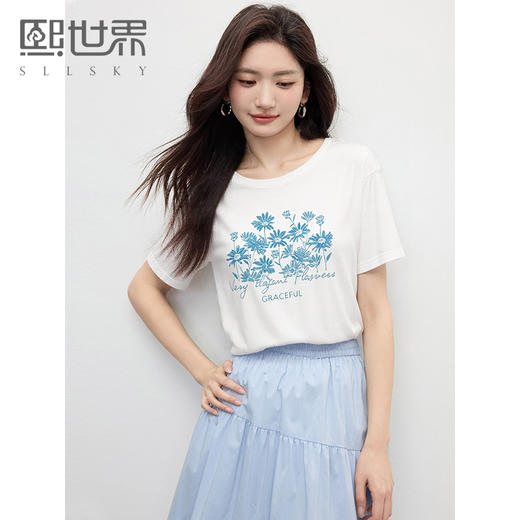 【周末秒杀】熙世界清新百搭休闲短袖T恤2025夏季新款活力减龄70%棉上衣女t 商品图0