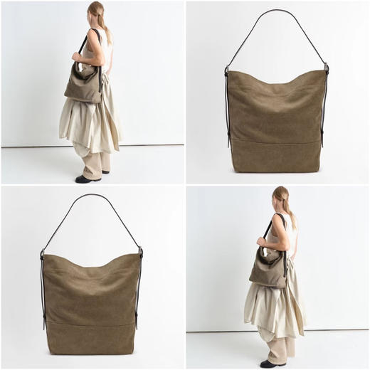 1019-1 清冷高级 jennie严选 辣妹25新帆布包 树膏牛皮 水洗盐洗帆布水桶包 单肩斜挎包 商品图5