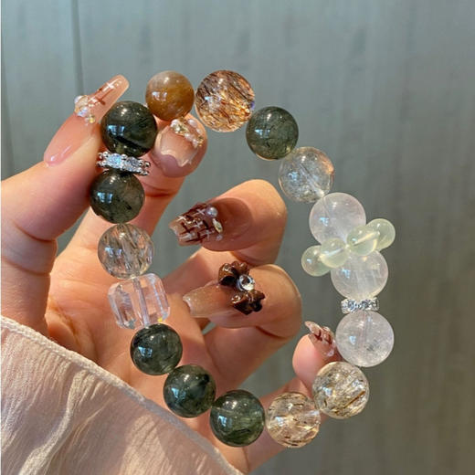 钻石豪门15000积分天然绿发晶黑金超白幽灵白水晶方糖手串招财转运喜金水木（12mm） 商品图1