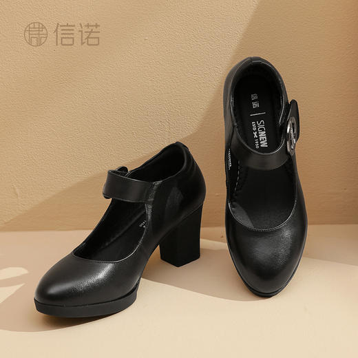 真皮走秀高跟鞋头层牛皮女鞋单鞋软底旗袍粗跟春秋季通勤妈妈皮鞋5C3153-7 商品图1