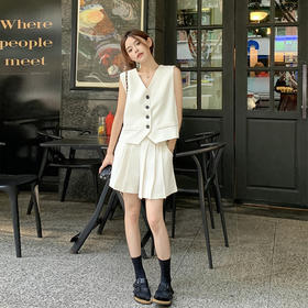 西遇马甲背心套装女夏季新款白色高腰A字百褶裤裙两件套SS050507/SS050508