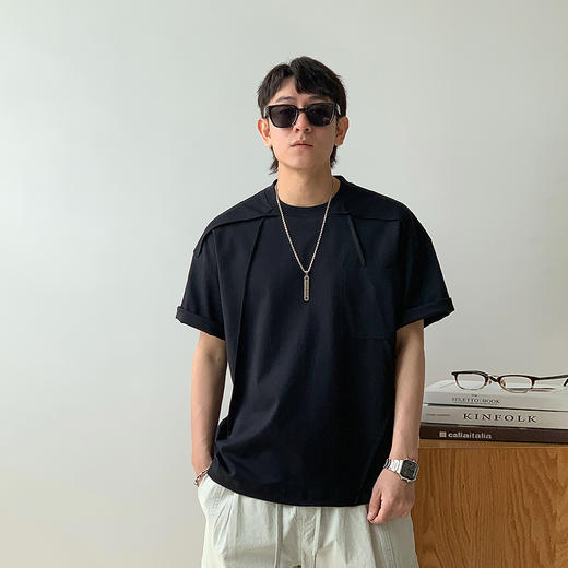 徐太浪缉明线拼接口袋短袖T恤男夏季潮流百搭纯色五分袖男生上衣 商品图1