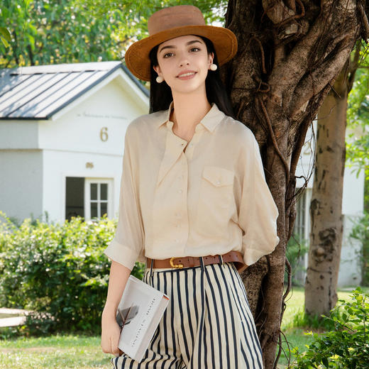 谜底大廓形衬衫分袖女2025夏季新款通勤提花中长款衬衣256MC6263 商品图0