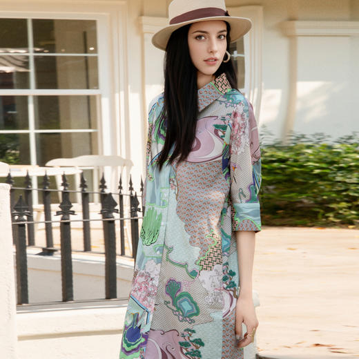 谜底花色连衣裙七分袖女2025夏款度假风原创印花衬衫裙256ML6229 商品图1