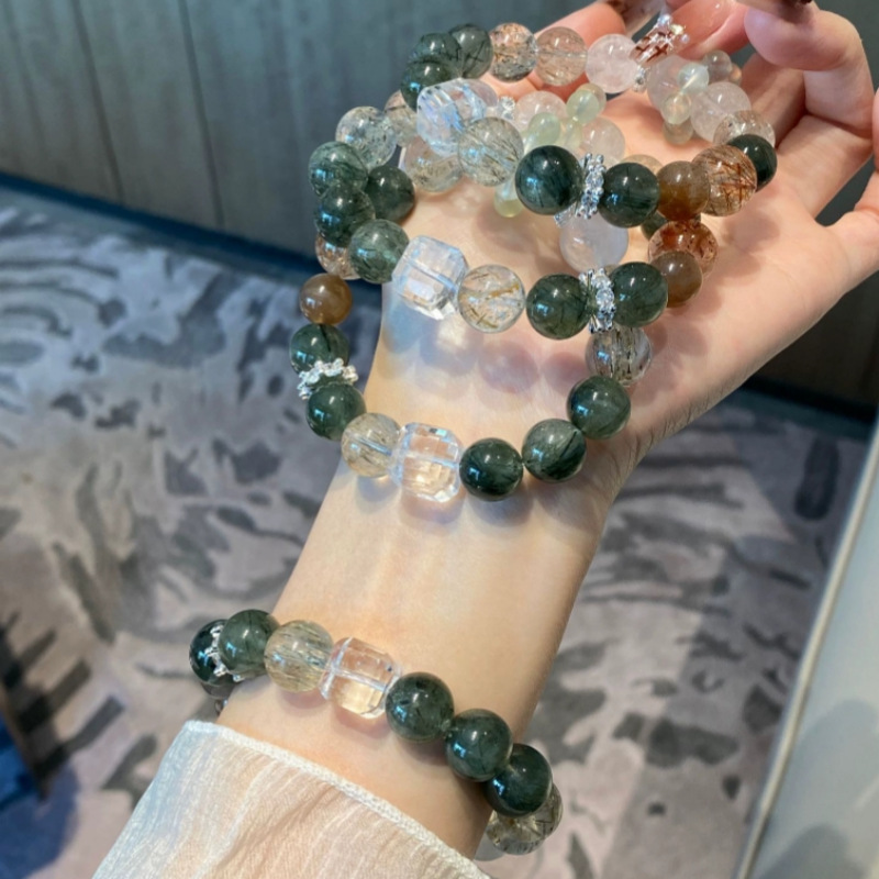 钻石豪门15000积分天然绿发晶黑金超白幽灵白水晶方糖手串招财转运喜金水木（12mm）