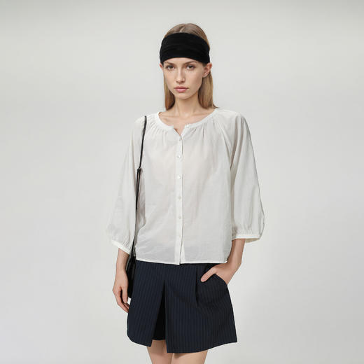 ROMI STUDIO“棉的印迹”100超纤棉洗水肤感圆领泡泡袖衬衣421C6034 商品图0