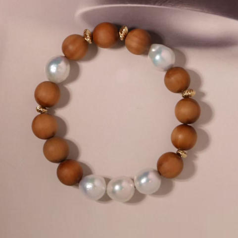 甄珠贝 印度老山檀（直径1cm）+巴洛克ji光珍珠 9-10mm 养心手串 甜甜暖暖的治愈系 进口14k包金隔珠 商品图1