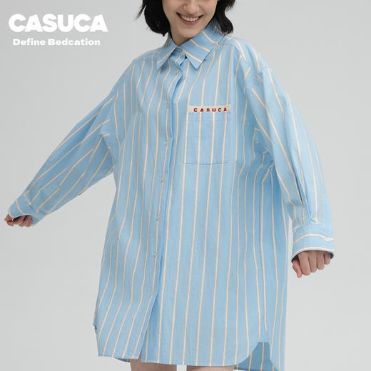 CASUCA 西西里家居服衬衫裙纯棉春夏季可外穿简约条纹长袖情侣睡衣 商品图0
