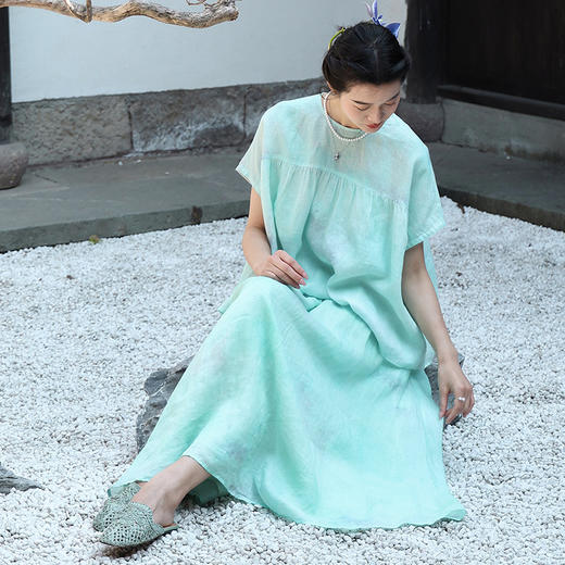 绽放195朵/【宋瓷系列】双层苎麻天青渐变印花全腰松紧半身长裙 商品图1