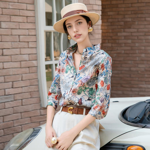 谜底100%棉印花衬衫分袖女2025夏季新款度假风花色衬衣256MC6283 商品图1