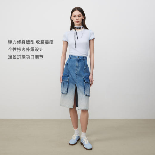 lost in echo2025春夏新款时尚拷边撞色圆领修身显瘦短袖T恤内搭 商品图2