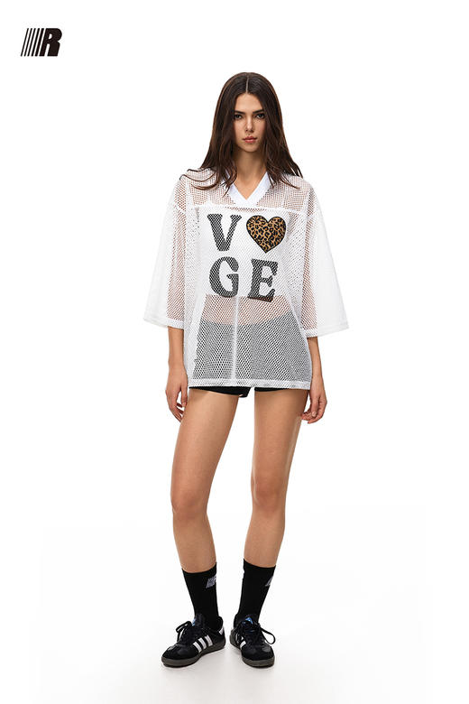 FDR官方店 V领美式爱心运动球衣短袖t恤男女夏季宽松透视体恤上衣 商品图5