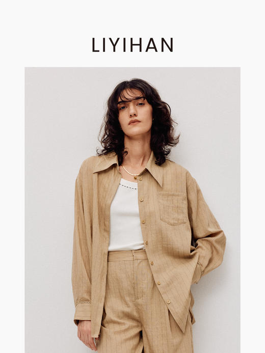 LIYIHAN稿线丨25春亚麻绣花边条纹衬衫翻领宽松上衣外套透气舒适 商品图2