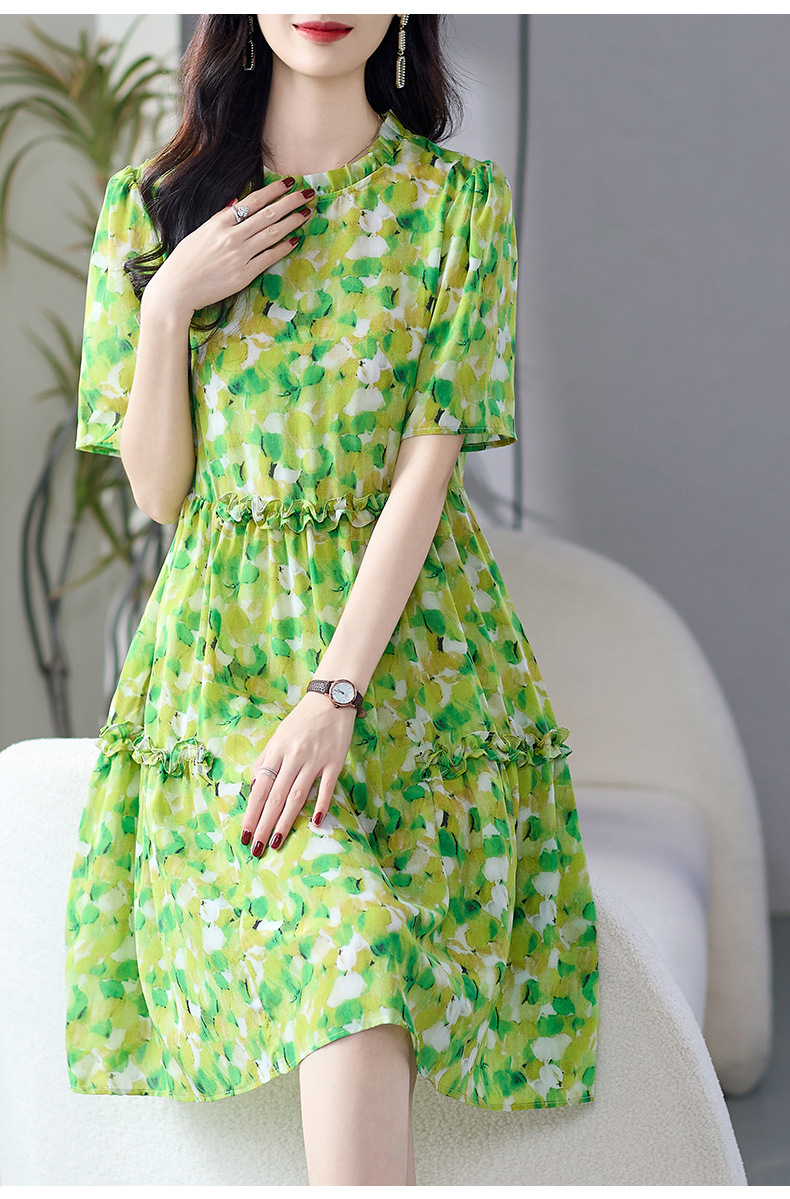 wwm 69519绿色碎花桑蚕丝连衣裙