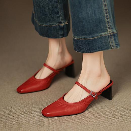 【预售5天】柔软又亲肤~头层水洗牛皮粗跟法式包头半拖鞋女春夏小香风玛丽珍单鞋MX&mx89810 商品图1