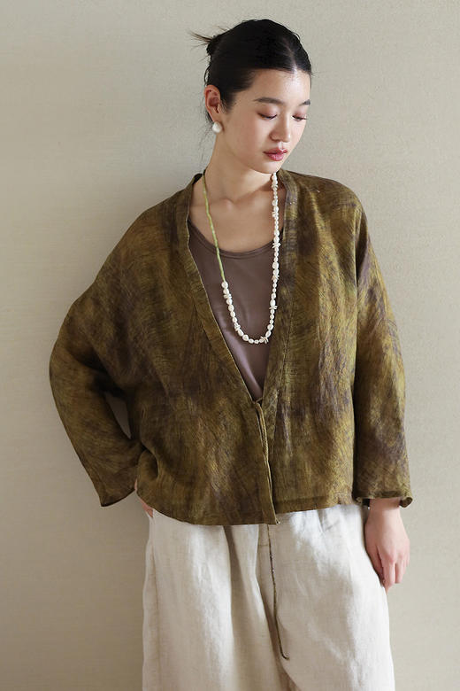 绽放193朵/【宋瓷系列】纯亚麻纹理印花轻薄中式插肩系带短外套 商品图5
