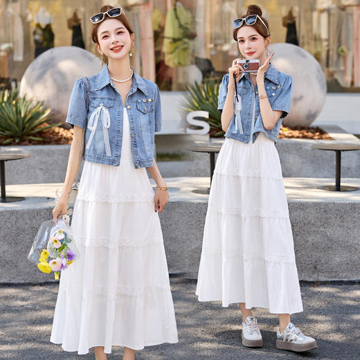 时尚牛仔两件套连衣裙2025夏季新款外套搭配蕾丝吊带蛋糕裙套装 商品图0