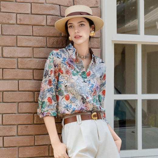 谜底100%棉印花衬衫分袖女2025夏季新款度假风花色衬衣256MC6283 商品图0