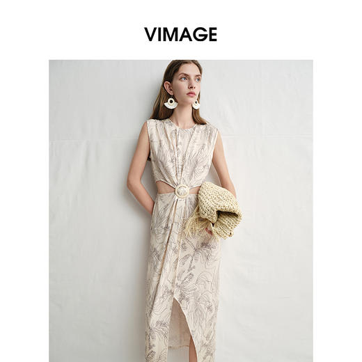 VIMAGE纬漫纪高级感线条花卉腰部镂空扭结收腰连衣裙2025夏季新款V2307913 商品图5