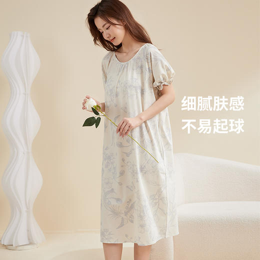 贝佳人新款棉家居服睡裙舒适花鸟印花短袖连衣裙睡衣女BW522503 商品图1