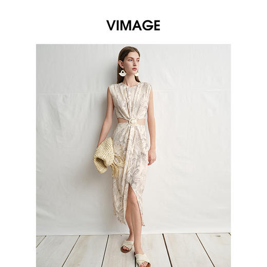 VIMAGE纬漫纪高级感线条花卉腰部镂空扭结收腰连衣裙2025夏季新款V2307913 商品图2