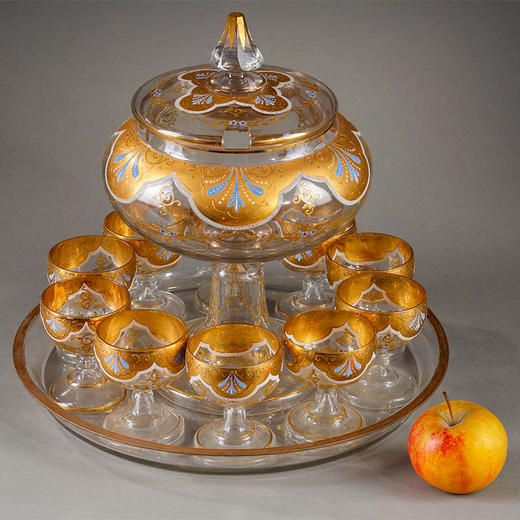 独角鹿西洋古董 1930年代意大利出品卷叶繁花主题手绘描金装饰穆拉诺水晶酒具套件 商品图1