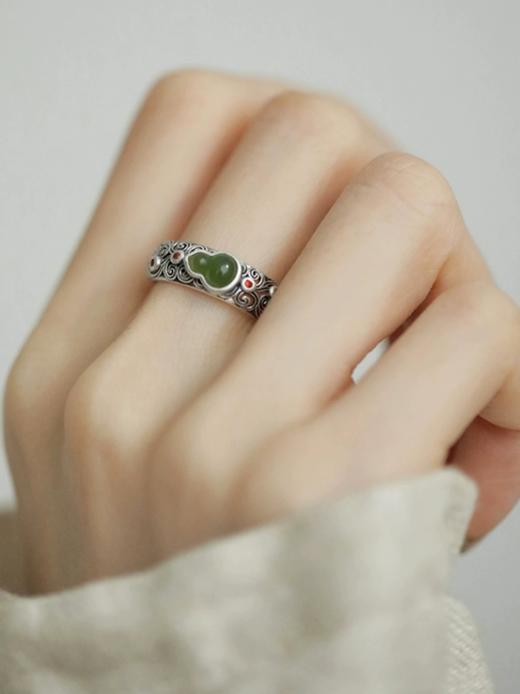 通体s925纯银碧玉祥云平安葫芦镶嵌红锆石活口戒指 商品图8