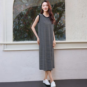 玳莎黑白条纹圆领无袖连衣裙2025新款夏季百搭直筒弹力针织背心裙  FB35001