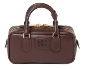 MIU MIU缪缪 Arcadie系列 金属刻字徽标拉链闭合皮革 单肩斜挎手提包 小号 女款 棕色