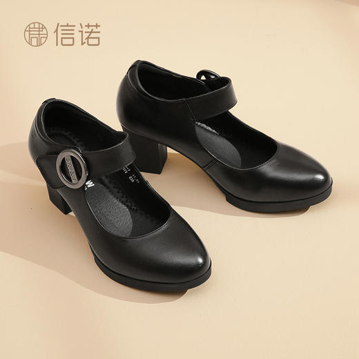 真皮走秀高跟鞋头层牛皮女鞋单鞋软底旗袍粗跟春秋季通勤妈妈皮鞋5C3153-7 商品图5