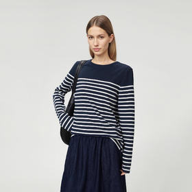 ROMI STUDIO“经典复古”100棉蓝白条纹宽松圆领长袖T恤RW24ASZ0345