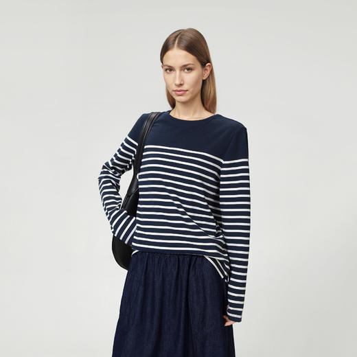 ROMI STUDIO“经典复古”100棉蓝白条纹宽松圆领长袖T恤RW24ASZ0345 商品图0