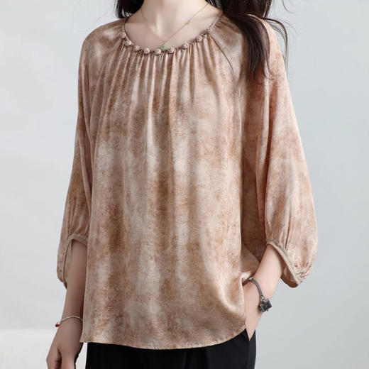 丁摩 圆领桑蚕丝灯笼袖真丝上衣TZ504182 商品图3