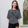 玳莎设计感条纹落肩T恤女2025夏季新款休闲收腰打褶绣花圆领上衣  FB32102 商品缩略图0