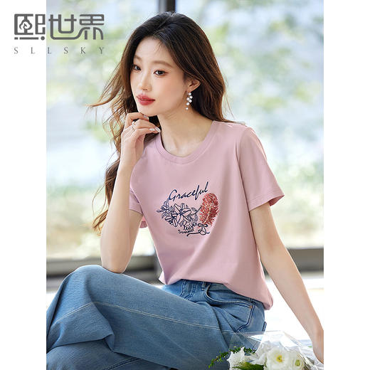 【初夏新品】熙世界优雅百搭透气70%棉25夏季新款圆领T恤女休闲印花女士上衣t 商品图0