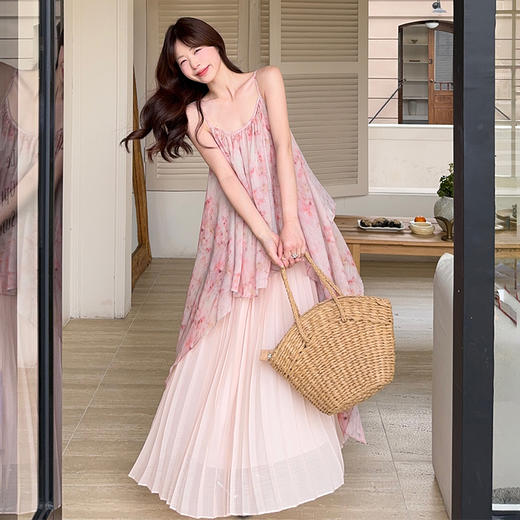 西遇拼接吊带连衣裙女夏季新款晕染假两件度假风薄纱长裙SS050523 商品图3