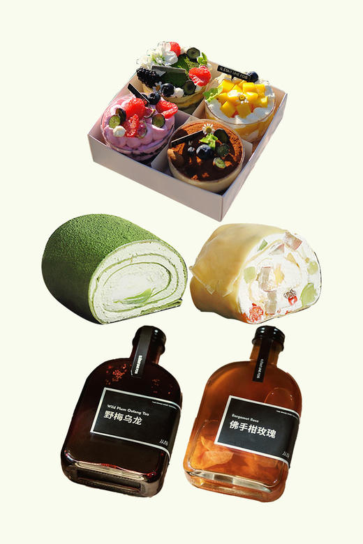 春游套餐：春游礼盒+抹茶茉莉毛巾卷+香草杂果毛巾卷+野莓乌龙+拂手柑玫瑰（4-6人） 商品图0