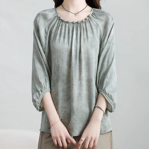 丁摩 圆领桑蚕丝灯笼袖真丝上衣TZ504182 商品图1