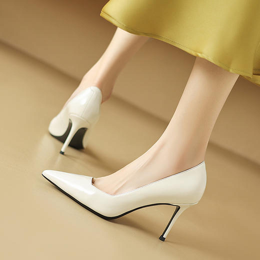 【预售7天】法式白色尖头高跟鞋女春秋新款真皮细跟灰绿色气质单鞋HY&M1062-1 商品图3